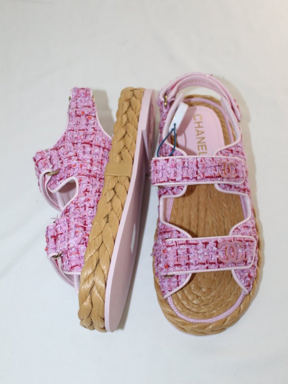 NWOB Chanel Pink Tweed Dad Sandals Flats Slingback 39